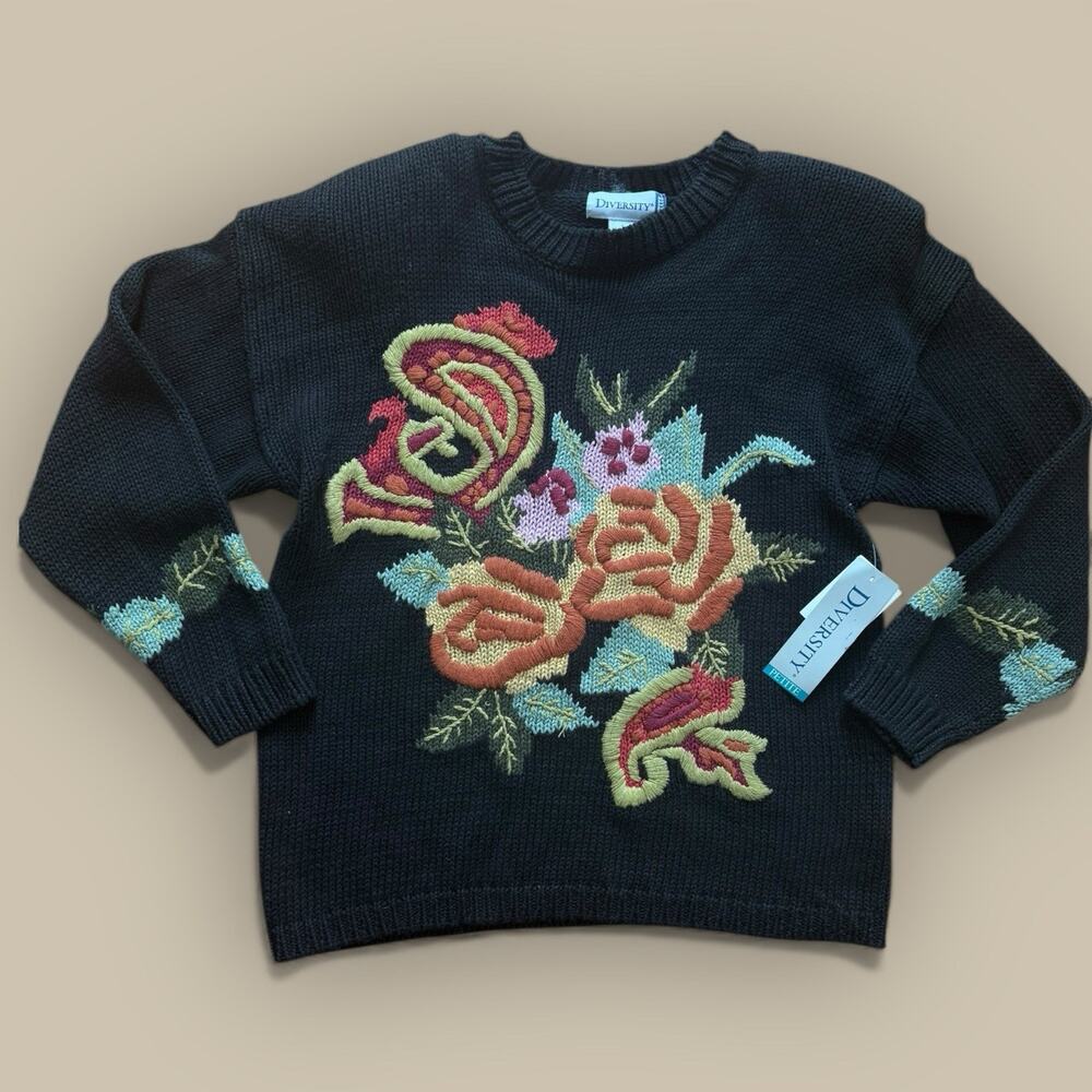 Vtg Cottagecore Sweater 80s Romantic Floral Shoulder Pad Pullover Granny Large